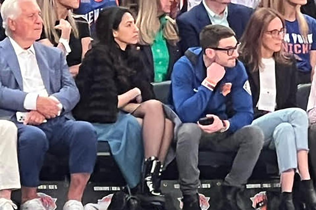 Alex Soros and Huma Abedin at the Knicks playoff game