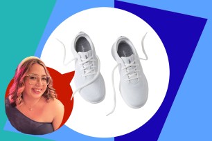 A pair of white Allbirds shoes with an accompanying woman's face