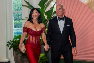 Amazon CEO Jeff Bezos and Lauren Sanchez arrive for an official State Dinner held by U.S. President Joe Biden