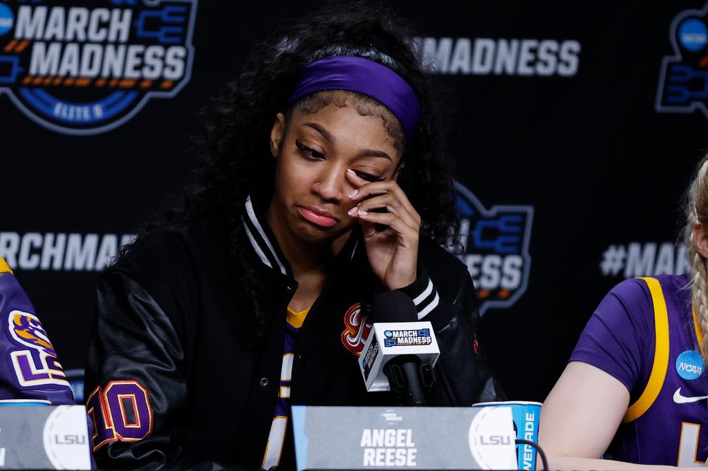Angel Reese gets emotional after LSU's Elite Eight loss to Iowa on Monday.