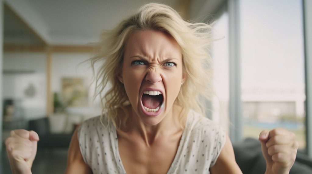 Angry woman yelling with hands in fists.