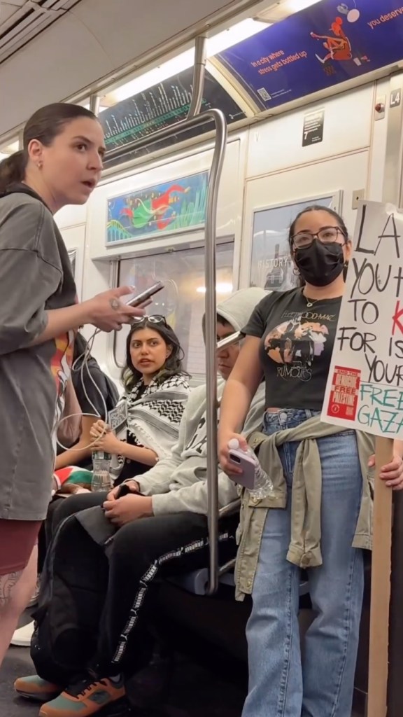 Group of Anti-Israel protesters chanting in a NYC subway