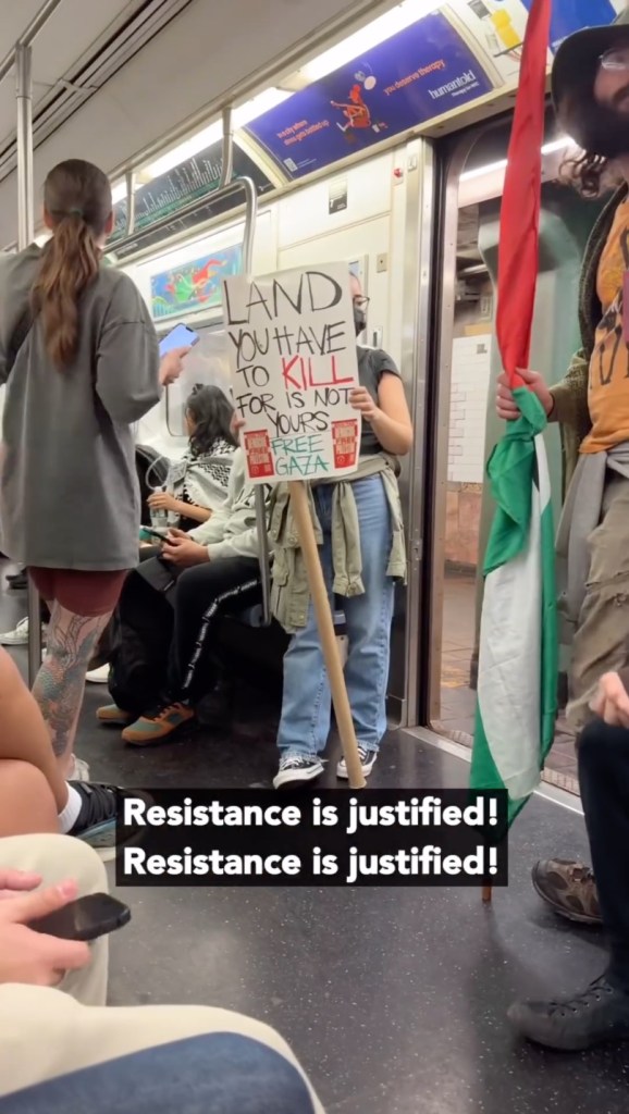 Group of Anti-Israel protesters chanting in a NYC subway