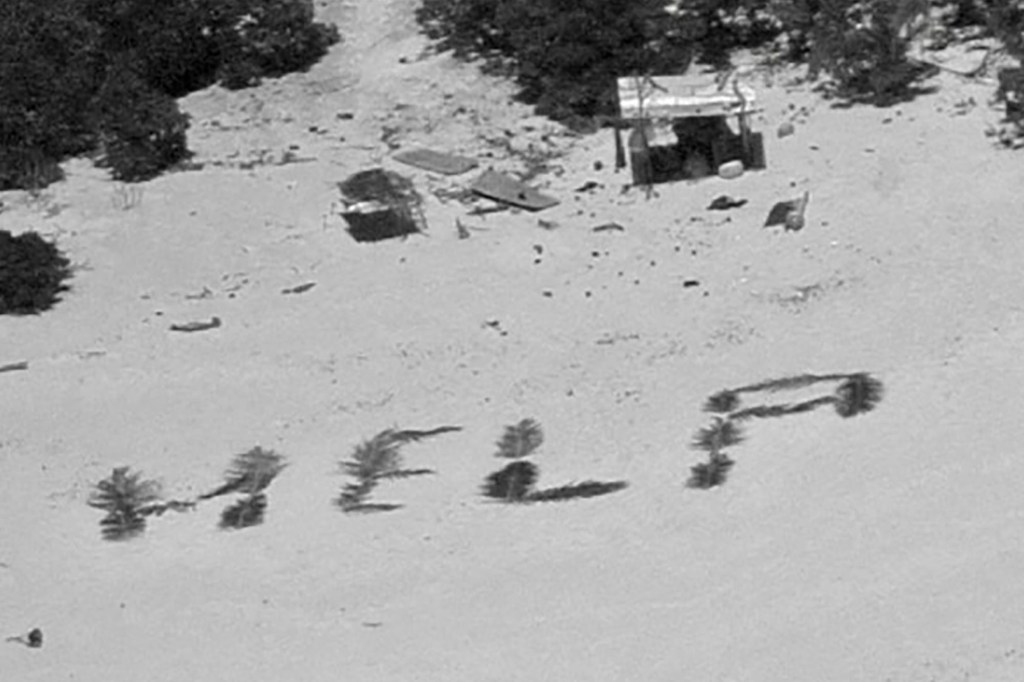 The stranded boaters spelled out "HELP" with large palm fronds.