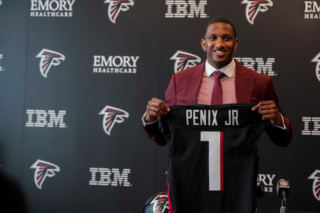 Atlanta Falcons first round draft pick quarterback Michael Penix Jr talks to the media at a press conference introducing him at the Falcons training complex.