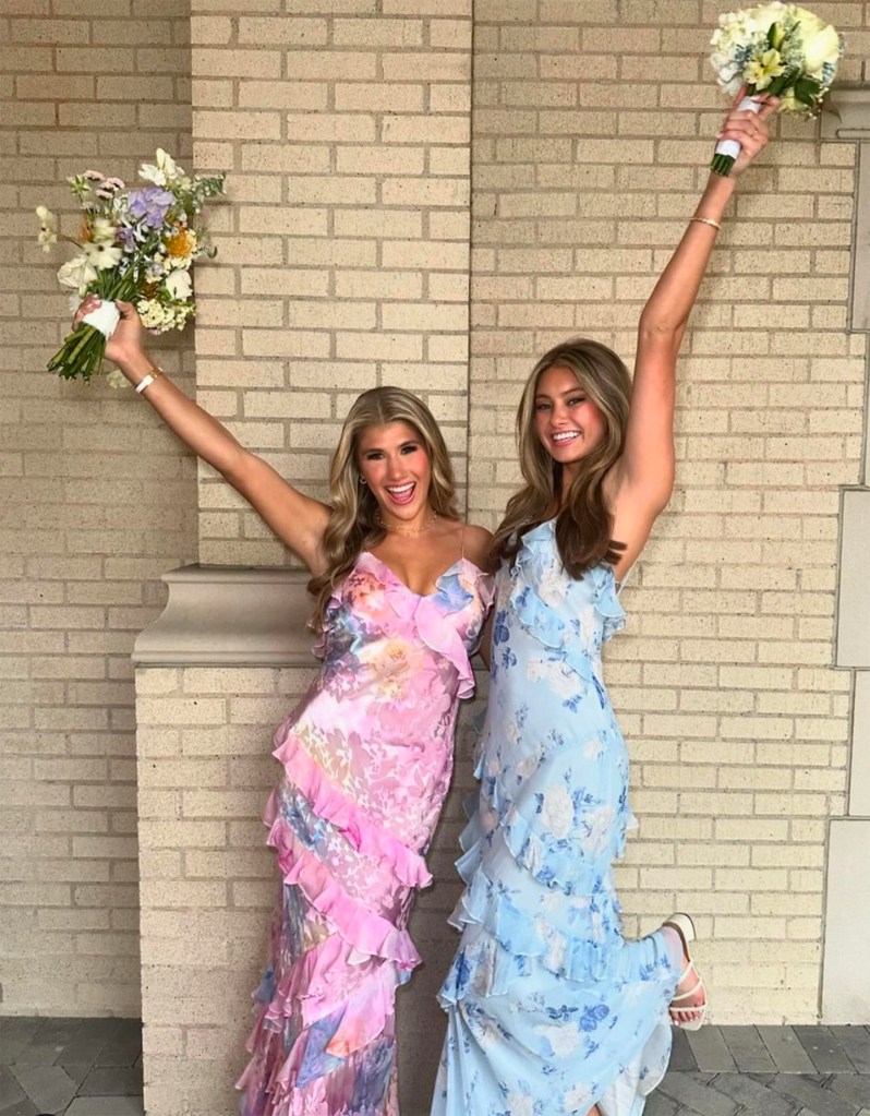 Ava Hunt posed for a photo with a pal while wearing a pink maxi dress from LoveShackFancy.