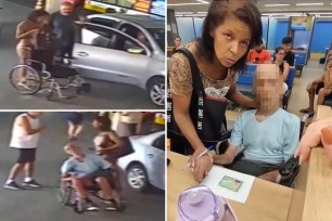 A surveillance video from Rio de Janeiro, Brazil, showed the moment Érika de Souza Vieira Nunes brought her dead uncle, Paulo Roberto Braga, 68, by a rideshare cab (left) to a bank to sign loan documents (right)