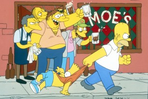 The guys from Moe's Tavern, with Larry the Barfly in the back in the doorframe.