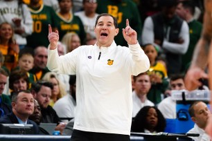 Baylor Bears head coach Scott Drew reacts against the Clemson Tigers in the first half in the second round of the 2024 NCAA Tournament at FedExForum.