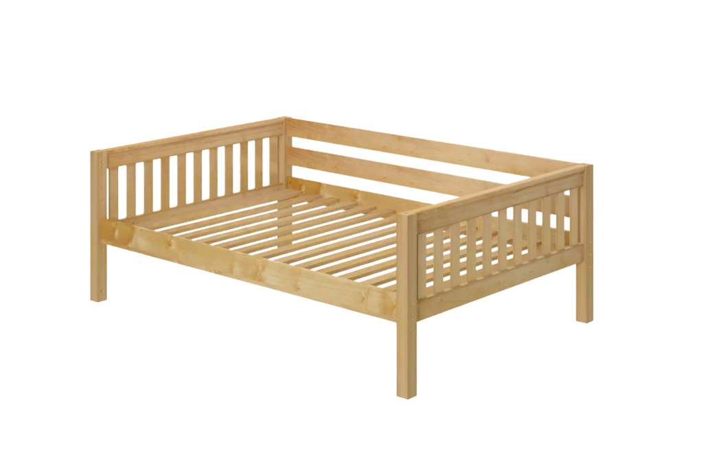 A wooden bed frame on a white background