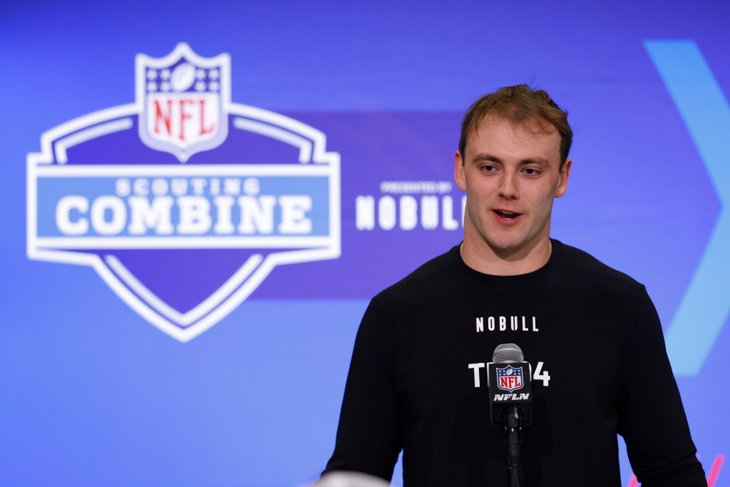 Brock Bowers spoke to the media during the 2024 NFL Combine in February.