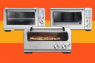 Silver toaster oven with a pizza inside