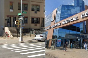 A composite shot. A photo of Lewis Avenue and Pulaski Street and one of a hospital