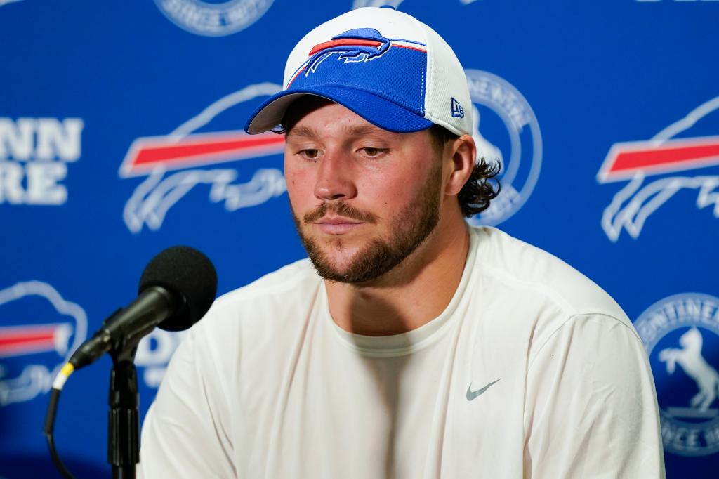 Josh Allen speaks to the media after a loss to the Jets on Sept. 11, 2023.