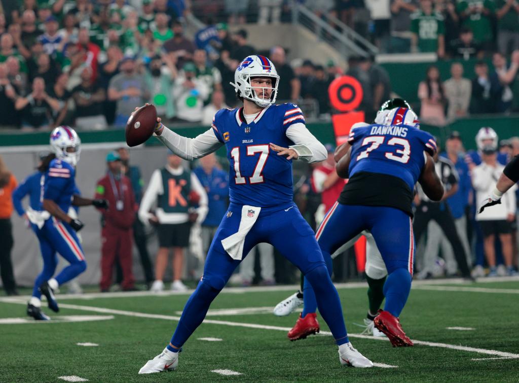 Josh Allen looks to pass against the Jets on Sept. 11, 2023.