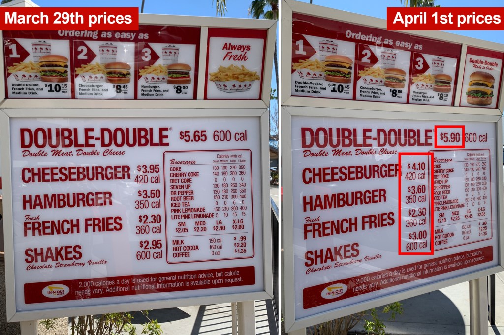 A red and white sign displaying a price list at an In-N-Out, comparing the changes in menus between March 29 and April 1 related to the $20 minimum wage in California.