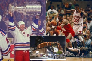 composite image: left messier raising the stanley cup, right knicks on the court fighting for the ball during the nba finals; inset madison square garden