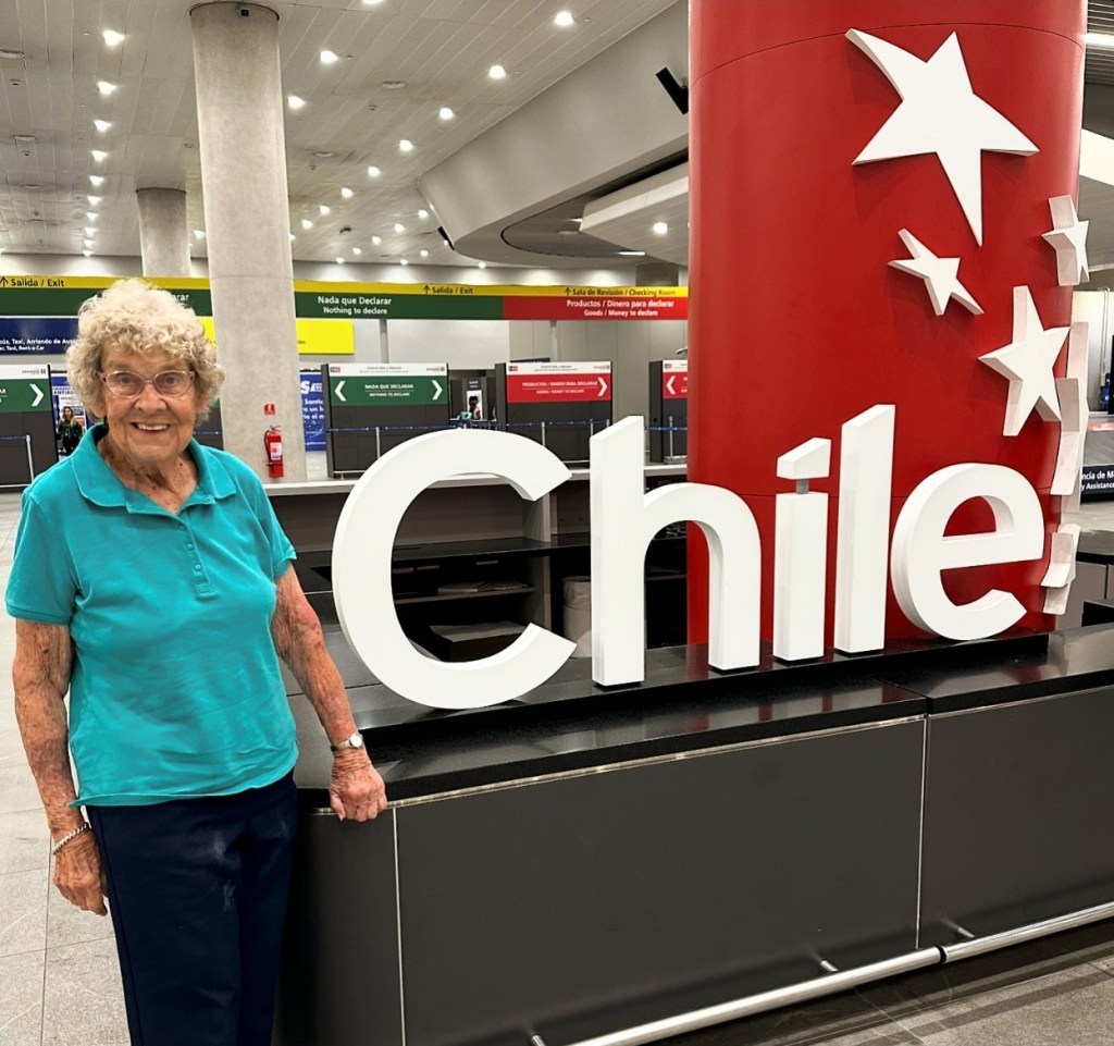 Joy Ryan arriving in South America on a recent trip.