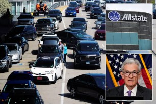 Traffic in Chicago, Allstate sign and Fed Chair Jerome Powell