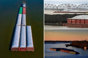 Three images of barges floating down the Ohio River.