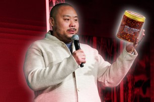 David Chang holding a microphone and a jar of hot sauce
