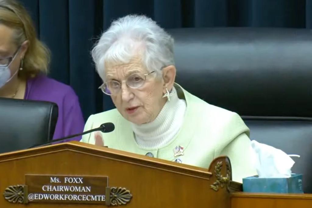 Chairwoman Virginia Foxx speaking into a microphone at a House Education and the Workforce Committee hearing on Columbia University's Response to Antisemitism