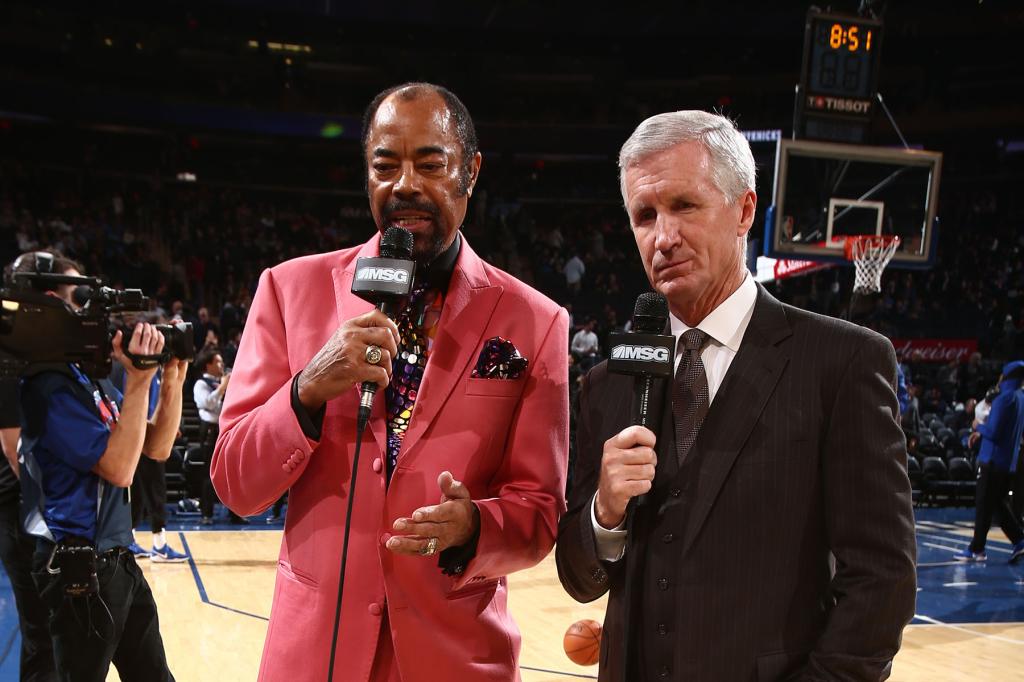 MSG Announcers, Walt Frazier and Mike Breen talk on court before the Cleveland Cavaliers game against the New York Knicks on November 13, 2017 at Madison Square Garden in New York City, New York.