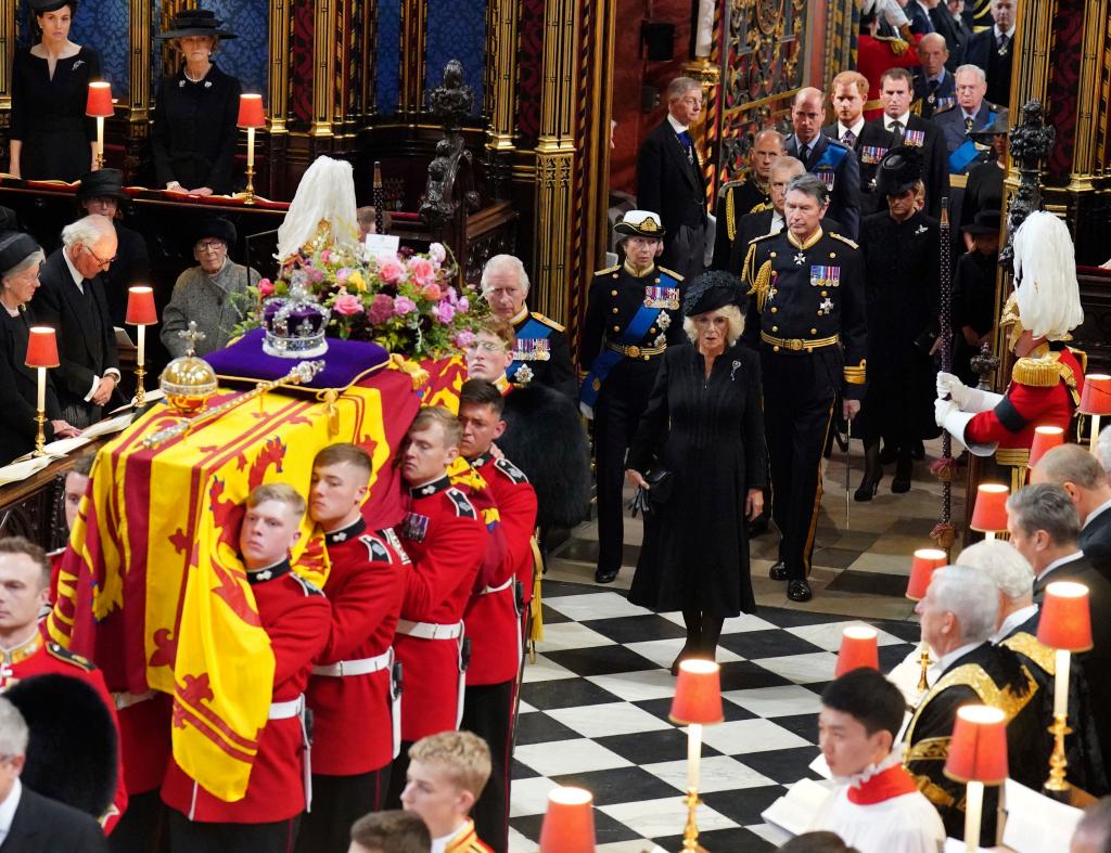 The coffin of Queen Elizabeth II is carried into Westminster Abbey