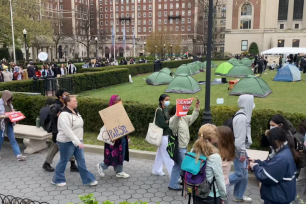 Hundreds of Columbia University students set up nearly 60 tents on the campus’ main lawn on April 17 to demand the university divest from Israel.