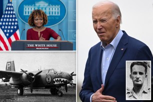 Joe Biden in a blue suit with an inset of his uncle, and the press briefing room