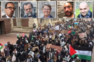 A group of Jewish graduates holding protest signs against antisemitism at Columbia University, with Hamid Dabashi present