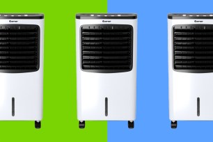 A group of white and black air conditioners
