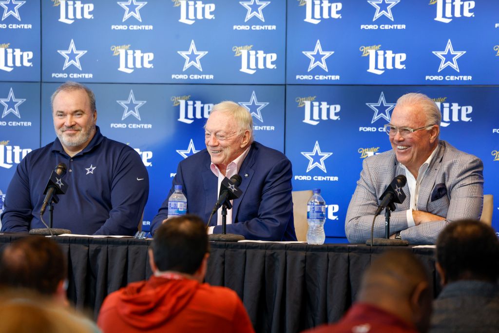 Dallas Cowboys coach Mike McCarthy, owner Jerry Jones and Executive Vice Pesident Stephen Jones laugh during a news conference about the upcoming NFL football draft, Tuesday, April 23, 2024, in Frisco, Texas.  