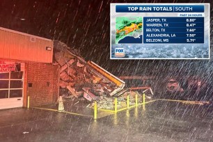 Collapsed large building due to storm damage in Katy, Texas on April 10, 2024