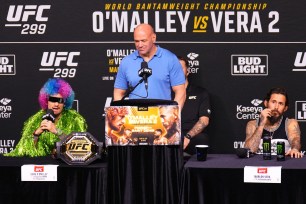 (L-R) Sean O'Malley, UFC CEO Dana White, and Marlon Vera of Ecuador are seen on stage during the UFC 299 press conference at Kaseya Center on March 07, 2024 in Miami, Florida.