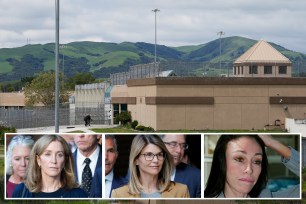 Heidi Fleiss, Felicity Huffman, Lori Loughlin standing with a group of people in front of a building