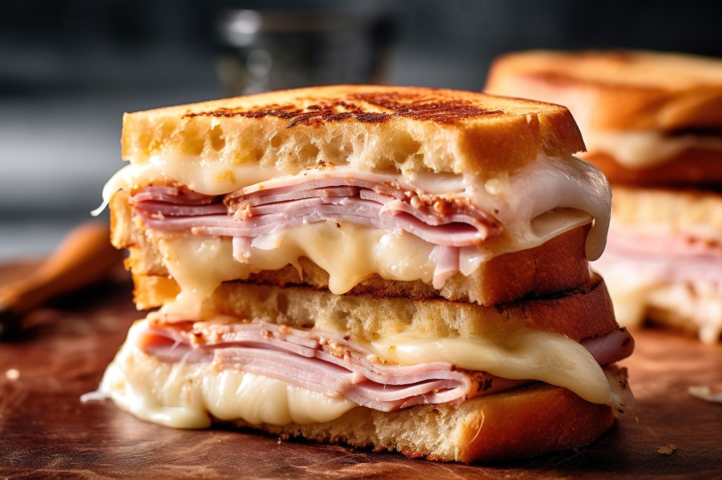 Close up of a delicious Cordon bleu sandwich cut horizontally, filled with ham and cheese