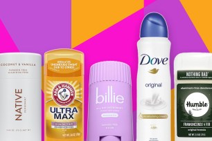 A group of different types of deodorants on multi color background