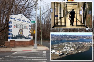 composite image left, rikers island sign; upper right guard walks down hallway at rikers lower right, rikers island jail complex as seen from the air