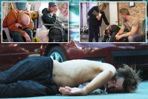 A collage of a man lying on the ground, fentanyl users