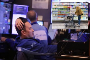 Wall Street trader and shopper at supermarket