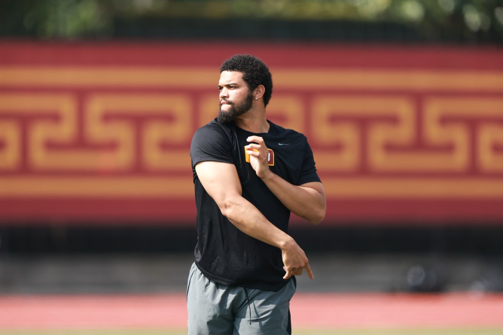 USC Trojans quarterback Caleb Williams performs drills in front of NFL scouts during the USC Pro Day on March 20, 2024 at Loker Stadium in Los Angeles, CA. 