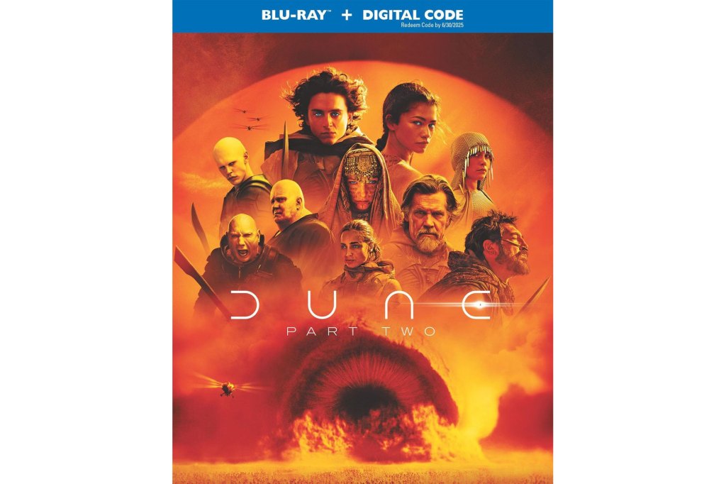 Blu-ray cover of Dune 2 featuring Josh Brolin, Timothée Chalamet, Zendaya, Javier Bardem, Anne Ratte-Polle, and Dave Bautista