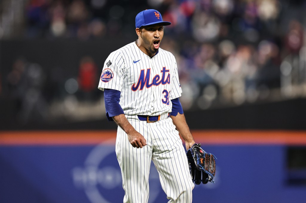 Edwin Díaz #39 of the New York Mets reacts after recording an out during the ninth inning of the game against the Detroit Tigers at Citi Field on April 1, 2024 in New York City.