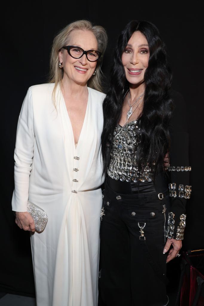 Photos obtained by The Post show Streep, 74, in a white Lanvin dress while the "The Shoop Shoop Song" hitmaker, 77, dons a chrome-encrusted black top with matching pants. 