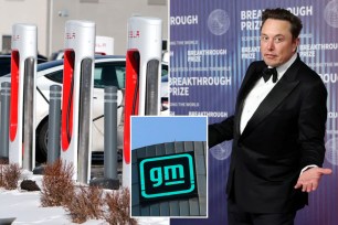 Elon Musk Tesla charging station and GM logo