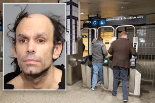 A composite photo: A mugshot photo of a man arrested for carrying a machete and a subway turnstile