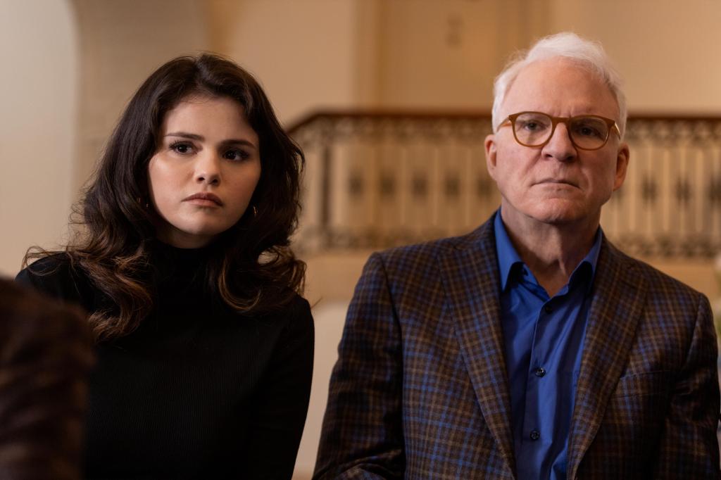 Selena Gomez as Mabel and Steve Martin as Charles-Haden Savage in a scene from an early episode of "Only Murders in the Building."