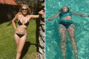 Elizabeth Smart poses on vacation in black bikini, left' floats on back in pool at right