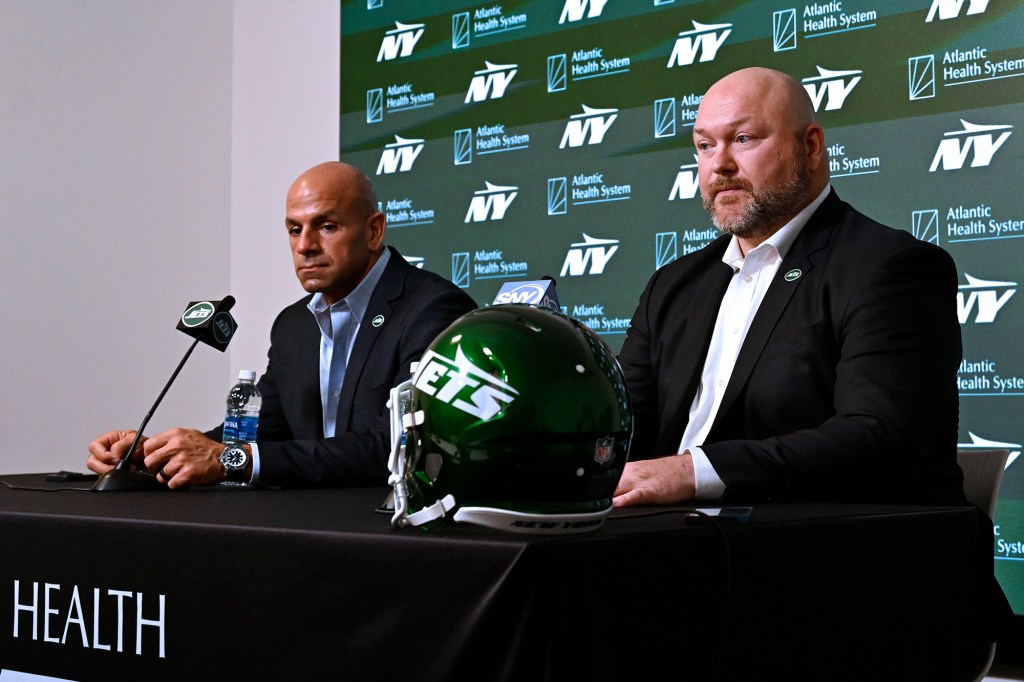 Robert Saleh and Joe Douglas address reporters after drafting Olu Fashanu in the first round of the NFL draft.